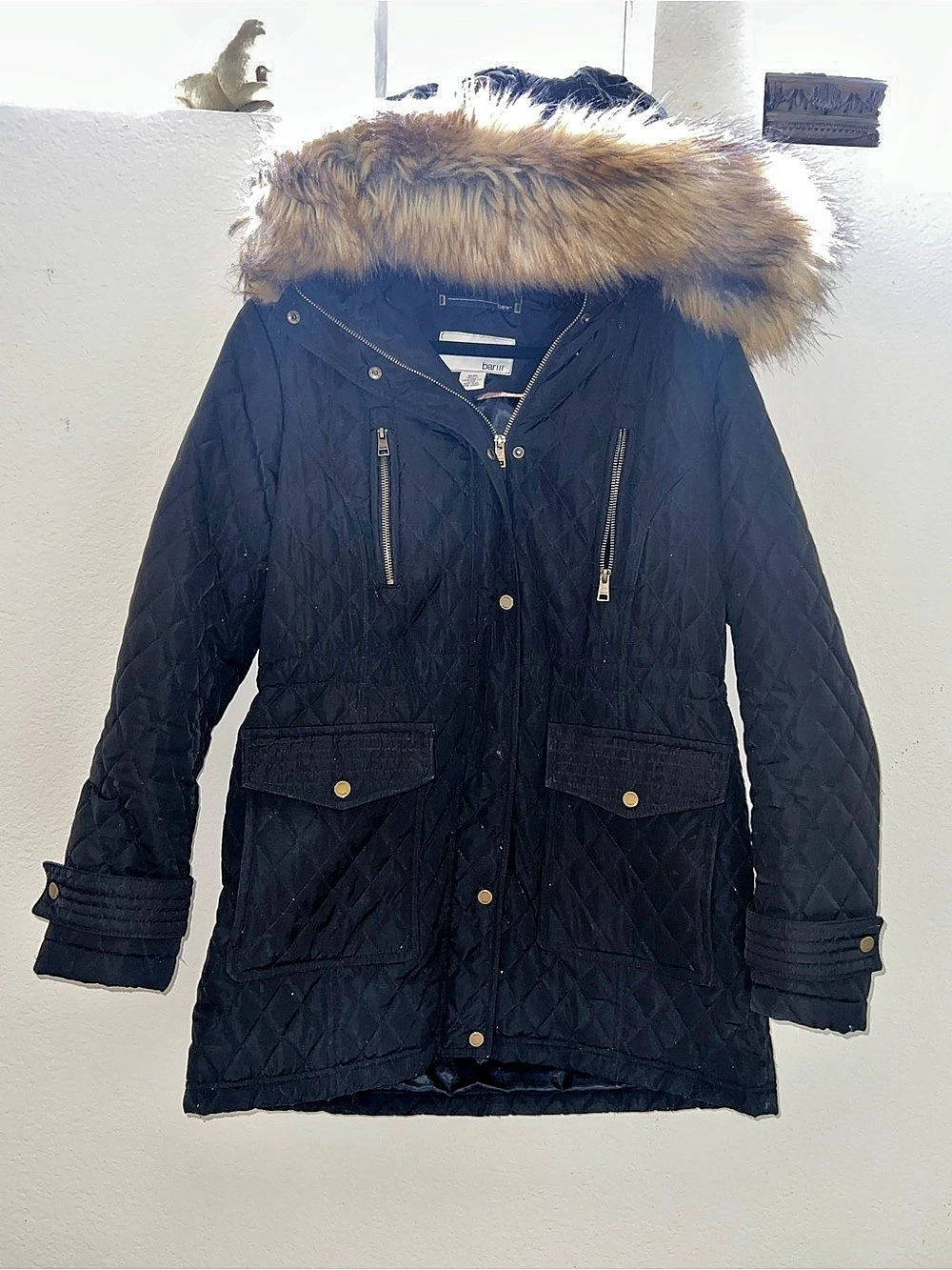 bar III Quilted Puffer Faux Fur Hooded Belted Lined Pocket Parka Coat with